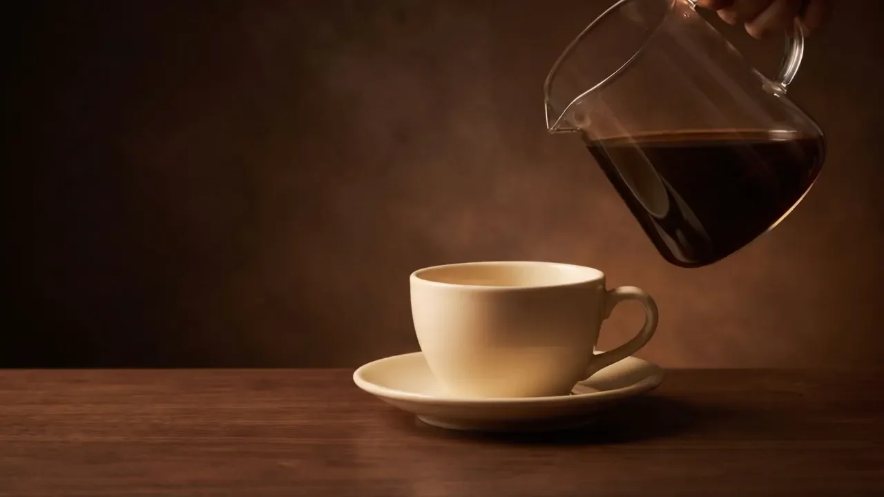 Glass coffee server poised above a cream ceramic cup